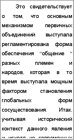 Это свидетельствует о том, что основным механизмом первичных объединений выступала регламентирована форма обеспечения "общение " разных племен и народов, которая в то время выступала мощным фактором становления глобальных форм сосуществования. Итак, учитывая исторический контекст данного явления и исходя из современных глобализационных реалий, методологически правильным является поставить вопрос о становлении новой формы социальной организации - глобальное общество.